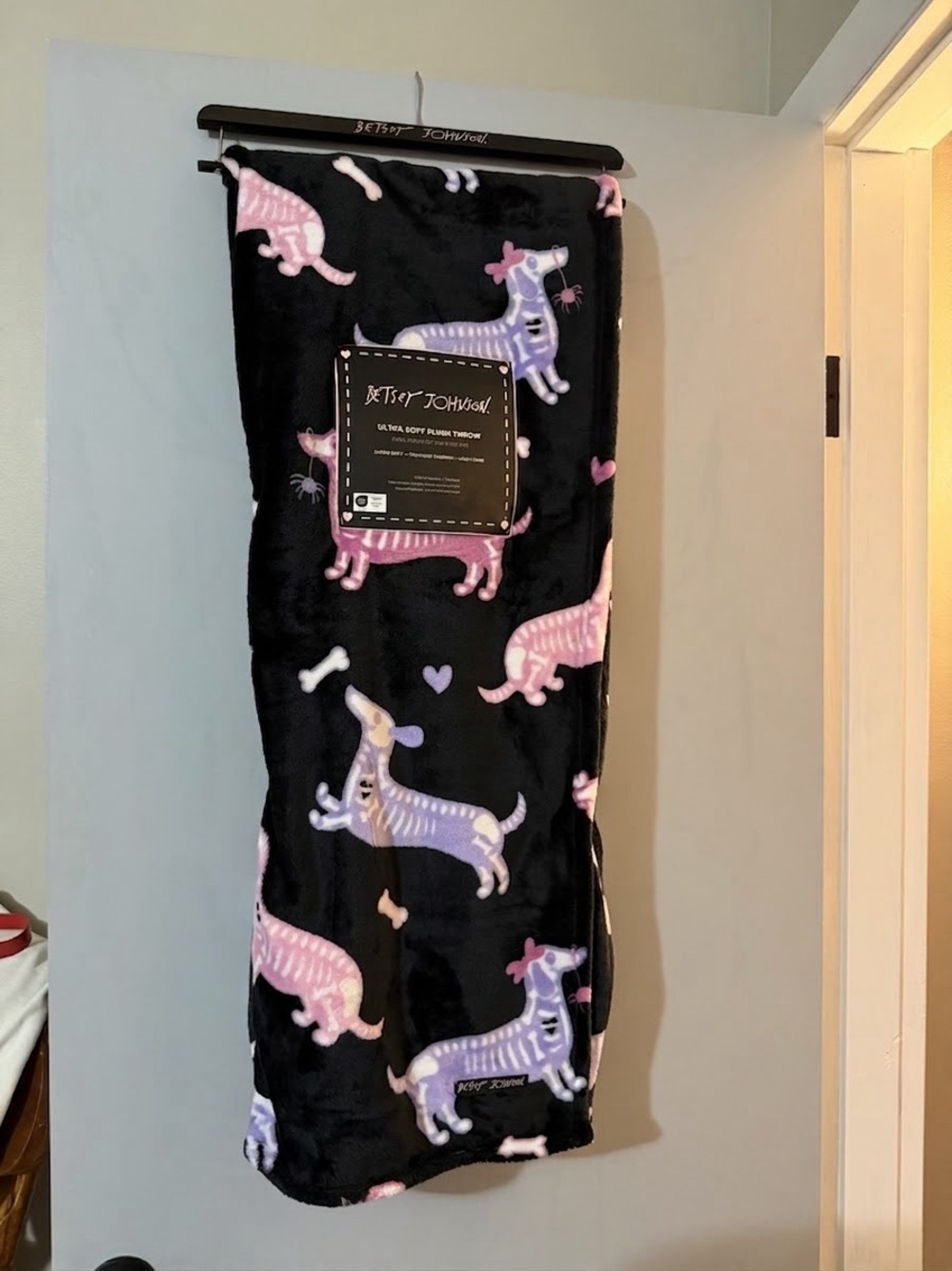 Betsey Johnson Black Pink Purple Dachshund Plush Throw